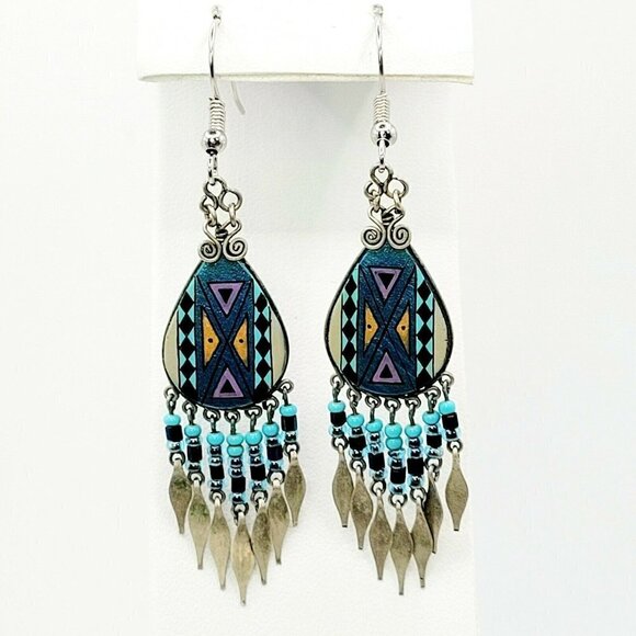 Artisan Made Native American Style Earrings Drop Dangle Silver Tone Blue 2.5" - Picture 1 of 5
